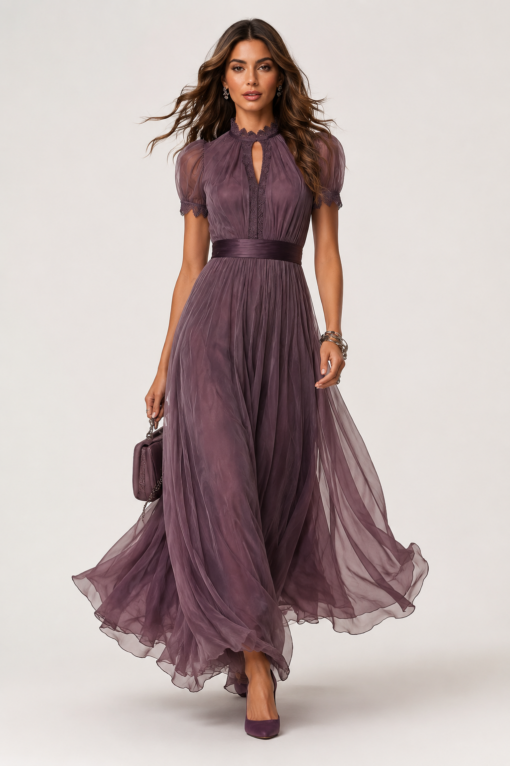 Ashley purple chiffon maxi dress front view