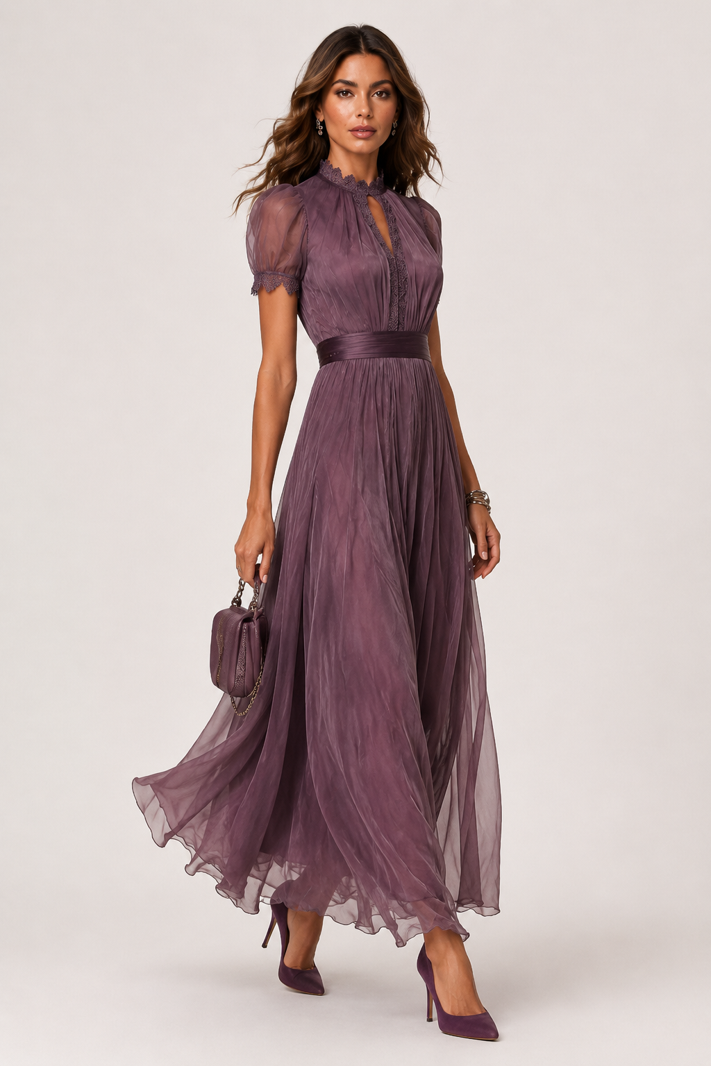 Ashley purple chiffon maxi dress side view
