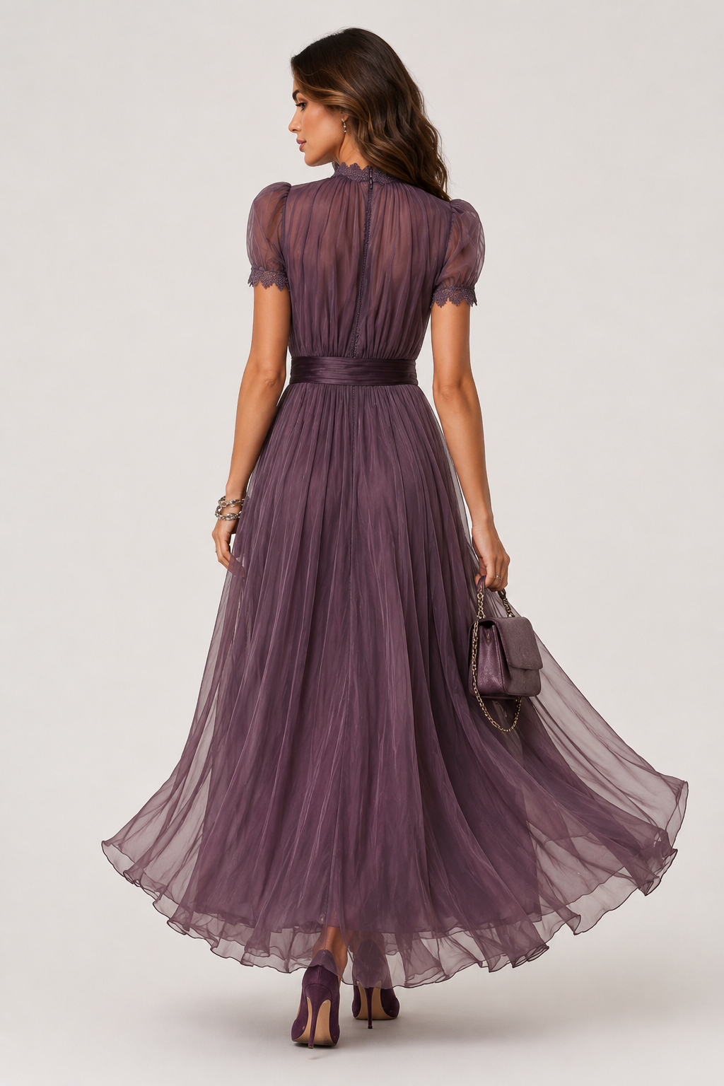 Ashley purple chiffon maxi dress detail view